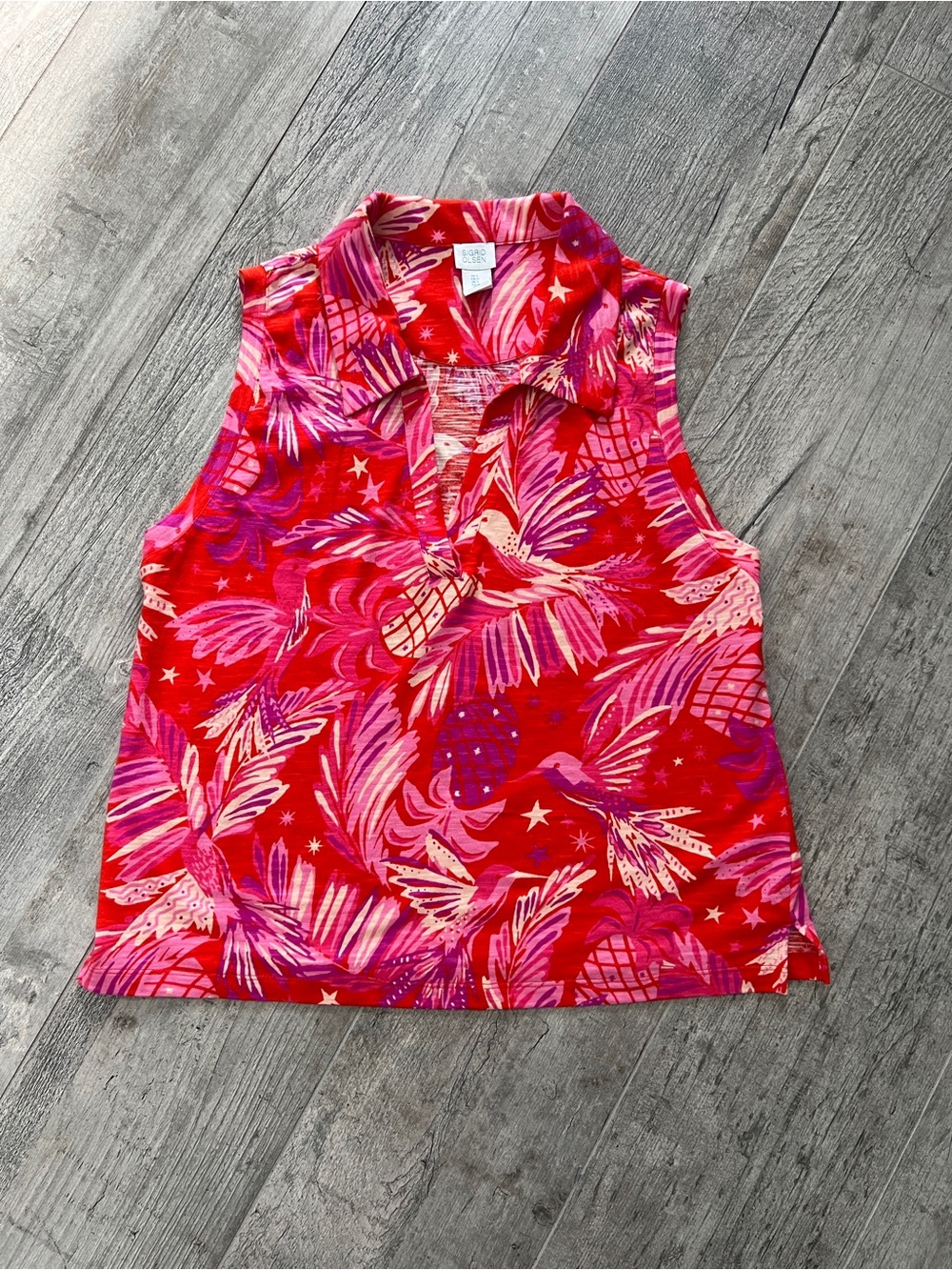 Sigrid Olsen Colorful 100% Cotton Summer Sleeveless Collared Tank Top